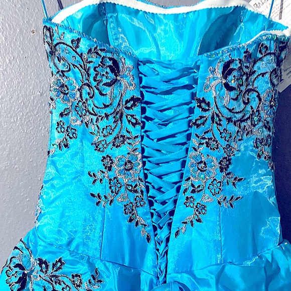 Strapless Ocean blue with Black Embroidery BALL GOWN - Picture 7 of 10